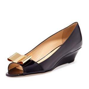 Kate Spade Theresa Black Wedges With Gold Bow